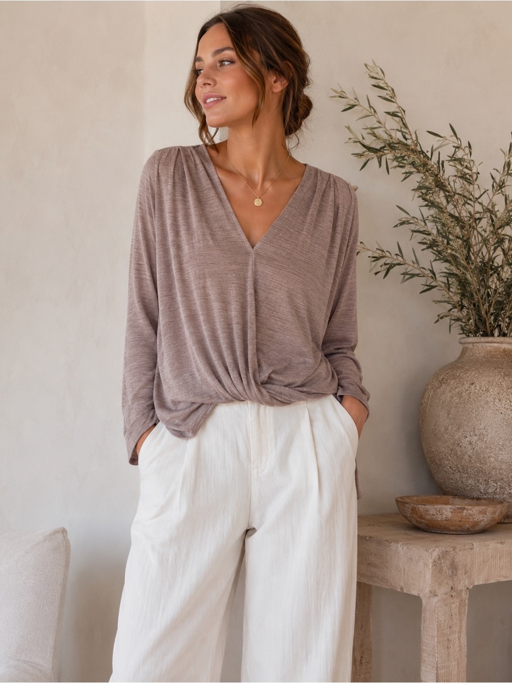 Velvet by Graham & Spencer Surplice Knit Top | Medium Taupe Elevated Minimalist